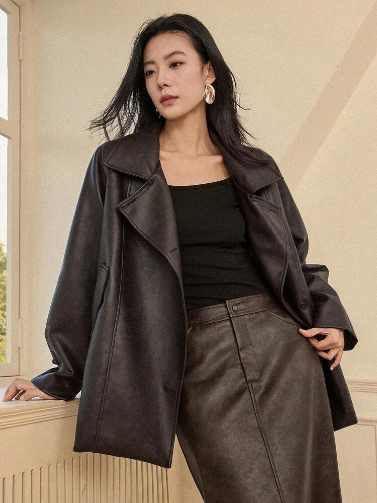 Women's Vintage Casual Lapel Neck Single-Breasted Jacket, Autumn Leather Jacket Women Coats Business Casual Woman