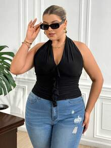 Truni Fall Clothes For Women,WinterWomen's Plus Size Ruffled Ruffle Halter Top - Black - Black - View 6