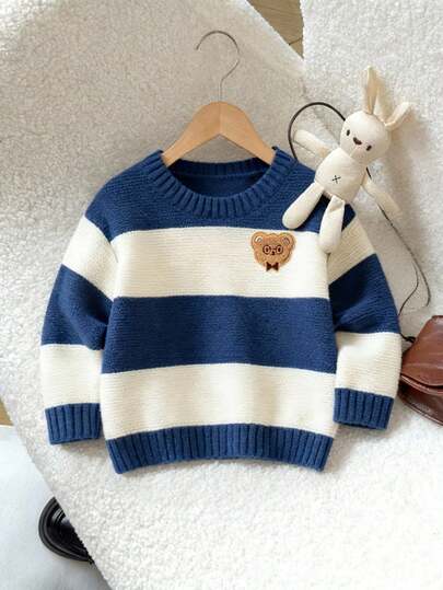 SHEIN 男童休闲保暖撞色条纹小熊图案套头毛衣，秋冬季