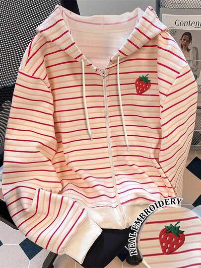 Resyla Plus Size Women Strawberry Embroidery Striped Long Sleeve Zip-Up Sweatshirt
