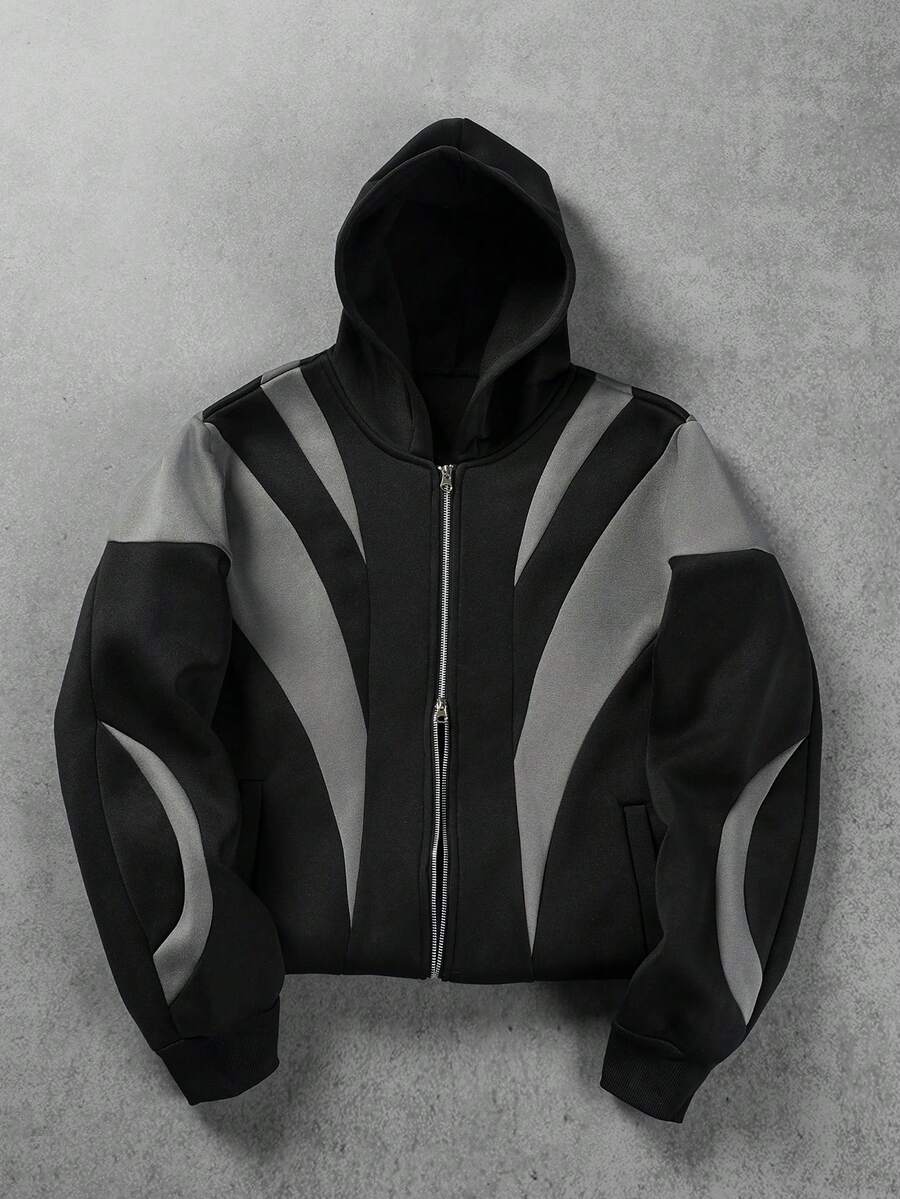 Manfinity EMRG Sudadera con capucha de cremallera de color contrastante, casual y holgada de manga larga para hombre, ropa de calle, sudaderas con cremallera de diseñador, chaquetas para hombre, sudadera con capucha de motocicleta, sudadera con capucha de carreras - Negro - Ver 1