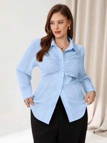 Auralis Áo sơ mi trắng tay dài cài nút phía trước, áo cánh thanh lịch cho quý cô công sở, cỡ lớn, phù hợp đi làm, hòa nhạc, hẹn hò, áo sơ mi cơ bản đa năng - Màu xanh nhạt - Xem 3