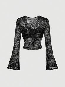 SHEIN MOD Women's Fashionable Sexy Sheer Lace Flare Sleeve Blouse, Valentine , Party Top, Going Out Tops Women, Beach, Elegant Women's Blouses, Women's Social Blouse, Black Lace Tops, Chic, Stylish Collection, Long Sleeves, See Through Tops, Vacation Wear, V-Neck, Long Sleeve, Lace Women, Gothic Tops, Gothic Women , Sexy Tops, Flared Long-Sleeved Top, Going Out Tops, Bell Sleeves, Lace Long Sleeve, Party,Black Top - Black - View 2