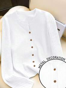 EMERY ROSE Women's Round Neck Long Sleeve Metallic Mushroom Button Decor Knitted Cardigan, Autumn/Winter - White - View 1