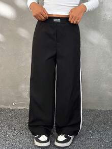 Coolane Kids Tween Girls Colorblock Casual Pants,Elastic Waist Loose Fit Streetwear For School Back-To-School,Black Autumn Chic Athleisure Daily Wear Essentials - Black - View 3