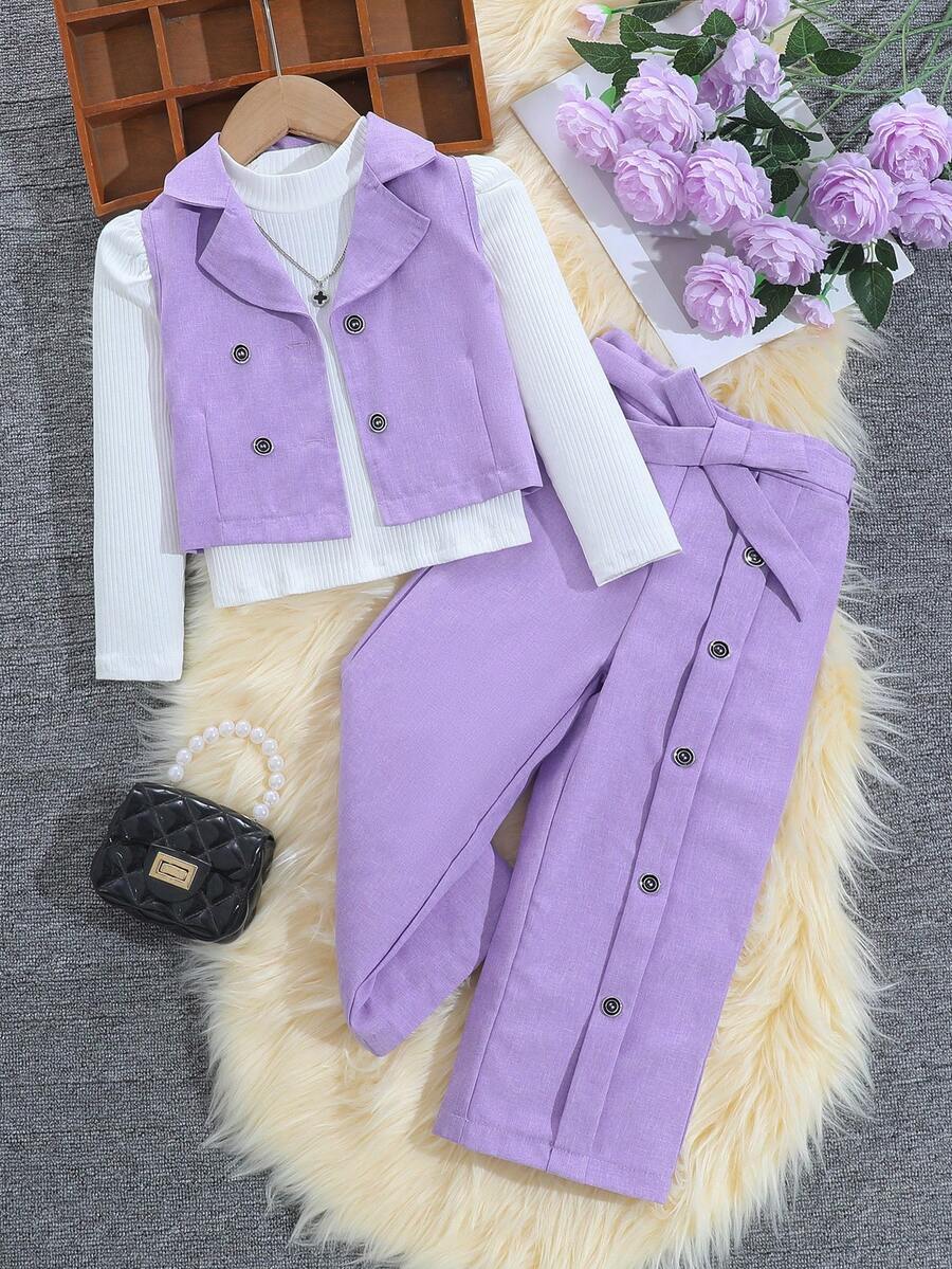 SHEIN Conjunto de 3 peças para meninas, estilo casual e moderno, composto por blusa de malha canelada, colete texturizado e calça com detalhes de botões. Ideal para outono/inverno. - Roxa - Ver 1