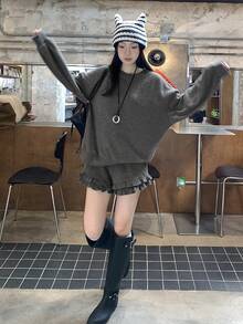 DAZY 2件套 女士圆领纯色荷叶边下摆上衣+短裤 - 灰色 - 查看 1