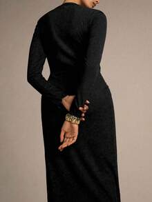 Modelyn 女士秋季棕色针织长袖褶皱不对称金属扣装饰优雅法式鸡尾酒会礼服 - 黑色 - 查看 3