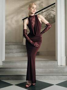 Anewsta Vintage Sexy Sheer Lace Patchwork Plunging Neck Sleeveless Fitted Dress For Party & Banquet