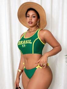 Slaydiva 2026夏季女士沙滩背心比基尼，黄绿撞色度假泳衣，性感巴西印花大码泳装套装 - 綠色 - 查看 4