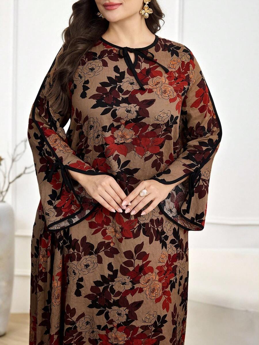 Al Najma 大码女式印花系领长袖宽松阿拉伯风格连衣裙 - 紅色 - 查看 1