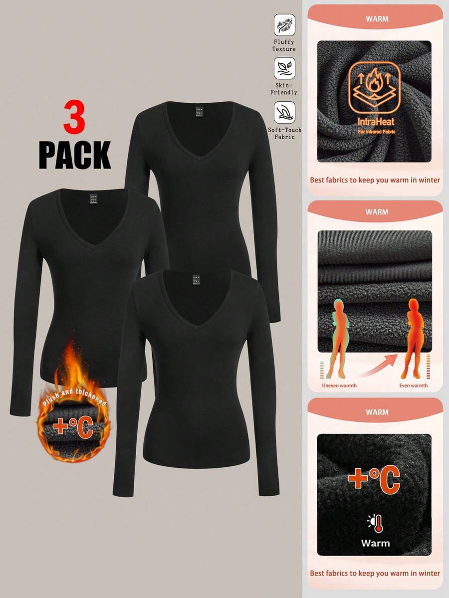 SHEIN EZwear 3件套女士保暖内衬深V领修身休闲长袖T恤套装 - 黑色 - 查看 1