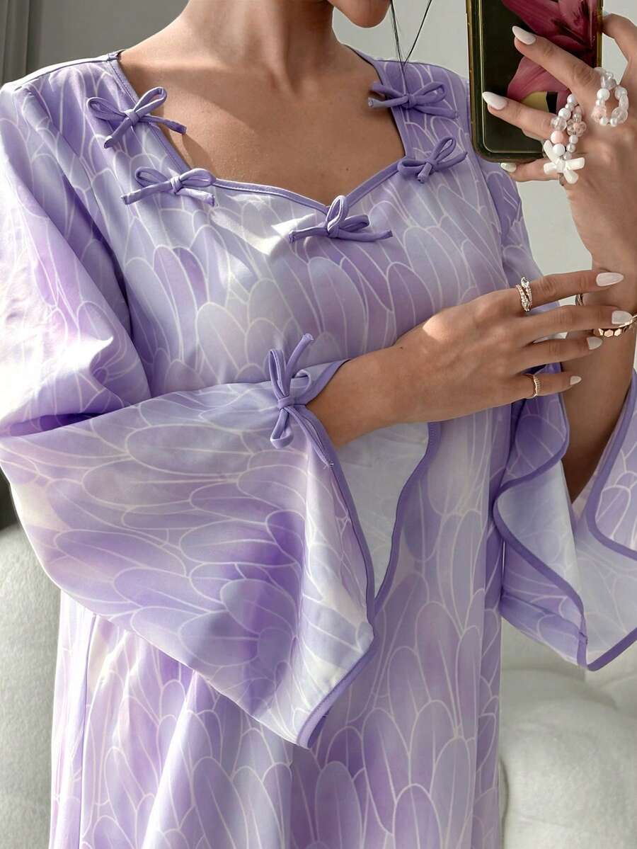 Yasmyna 女士宽松蝴蝶装饰印花阿拉伯风格连衣裙 - 紫色 - 查看 1