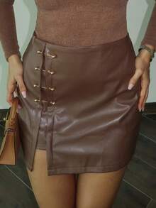 MDEdit 棕色侧开叉金属边仿皮 A 字裙、外出裙、复古裙、秋季服装、性感裙、皮裙 - 棕色 - 查看 4