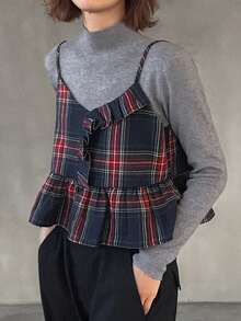 FRIFUL 女士格子吊带叠层腰部拼接褶裥前片荷叶边休闲宽松百搭常规外套，秋冬款 - 黑色 - 查看 8