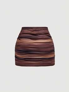 SHEIN MOD 2pcs Women's Casual Minimalist Ruched Bodycon Mini Skirt Set - Coffee Brown - View 8