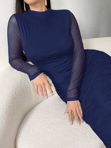 Modelyn 大码女式黑色网纱长袖高领褶皱设计优雅晚礼服，秋冬款 - 寶藍色 - 查看 4