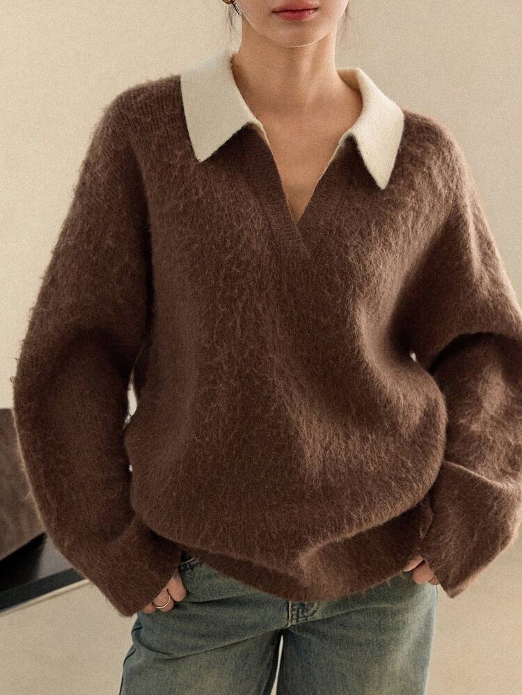 Women's Contrast Color Polo Neck Casual Long Sleeve Sweater