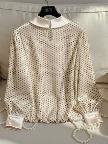 Franclia 大码女式亮面波尔卡圆点3D花卉装饰优雅衬衫 - 香檳色 - 查看 2