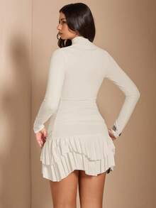 SHEIN BAE Elegant Off-White Long Sleeve Bodycon Ruched Mini Double-Layer Dress,Autumn Night Out For Graduation,Cocktail Parties, Dates & Formal Events - Apricot - View 2