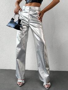 EURMUSE Fashionable Silver Tone Holographic Long Pants - Silver - View 5