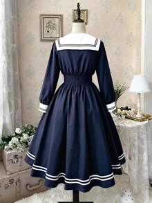 Sweetra 大码休闲连衣裙，收腰A字撞色长袖连衣裙，适合返校季穿着