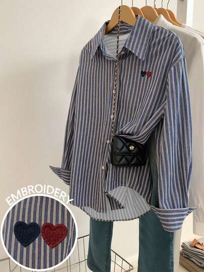 Franclia Blusa de mujer con estampado de rayas y bordado de corazón