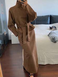 Livesso Women's Wool Blend Stand Collar Jacket, Casual Business Loose Fit Belted Outerwear, Suitable For Office, Street Wear, Autumn/Winter - Brown - View 5
