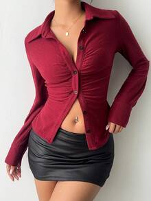 FavEase Chemise en jacquard tricoté rouge pour femmes : Top à encolure en V stretch élevé avec une coupe cintrée à la taille et des fronces sur le buste, pour les sorties, les fêtes et le Nouvel An.