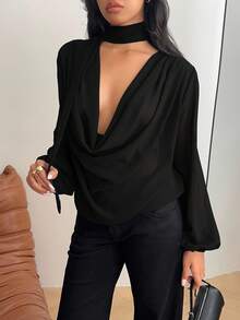 SHEIN EZwear 女士纯色V领围巾系带长袖时尚衬衫 - 黑色 - 查看 5