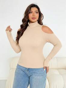 SHEIN Essnce 大码女士秋冬时尚休闲高弹舒适日常百搭修身杏色高领修身上衣，秋季打底衫，工作服，冬季简约风格 - 杏色 - 查看 5