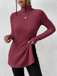 SHEIN Frenchy Áo thun tay dài cổ lọ xẻ tà màu trơn đơn giản, thu/đông - Màu Đỏ Sâu - Xem 5
