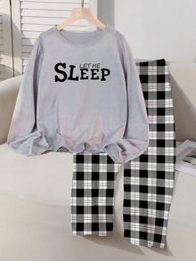 Tween Girl 2 Pieces Pajama Set - Gray Milk Silk Crew Neck Long Sleeve Top With Printed "SLEEP" Text And Black & White Plaid Loose Comfortable Pants, Back To School Fashion Comfy Pajama Set Fall Winter