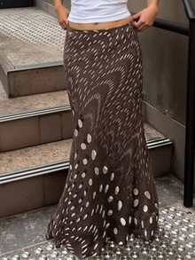 INAWLY 女士新款不对称波点印花低腰鱼尾裙，复古撞色印花长裙，适合购物、派对、散步 - 咖啡棕 - 查看 1