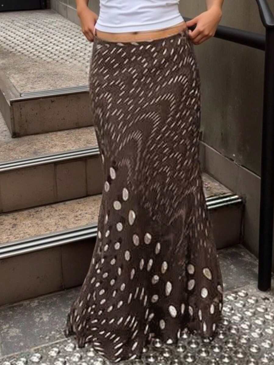 INAWLY 女士新款不对称波点印花低腰鱼尾裙，复古撞色印花长裙，适合购物、派对、散步 - 咖啡棕 - 查看 1