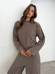 Aloruh 女士休闲圆领宽松长袖条纹T恤和高腰弹力裤两件套 - 彩色 - 查看 3