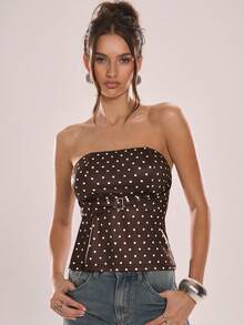 Avenya 棕色波点无肩带搭扣上衣，无袖抹胸，时尚，正式，适合外出、新年、复古风、秋冬季、职场女神、简约风、基础款、收腰设计、办公室着装 - 彩色 - 查看 1