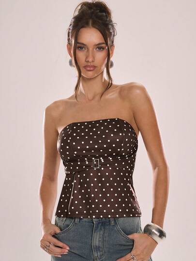 Avenya 棕色波点无肩带搭扣上衣，无袖抹胸，时尚，正式，适合外出、新年、复古风、秋冬季、职场女神、简约风、基础款、收腰设计、办公室着装