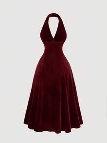 SHEIN MOD 女士金属3D立体花卉度假褶皱胸部黑色中长连衣裙，西式女装，优雅女装，派对女装，性感连衣裙，派对礼服，外出连衣裙，复古连衣裙，生日女装，乡村音乐会服装 - 酒紅色 - 查看 2