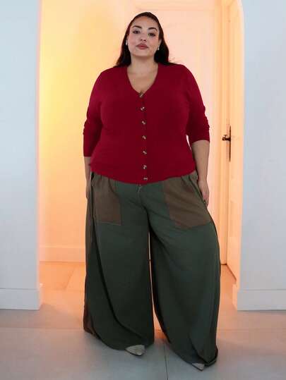 Pretty and Ole Plus Size Women Solid Color Long Sleeve Single-Breasted Casual Knit Cardigan, Autumn/Winter Red