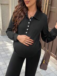 SHEIN Ensemble de pantalon ample et doux et Top à manches longues pour femmes enceintes - Noir - Voir 4