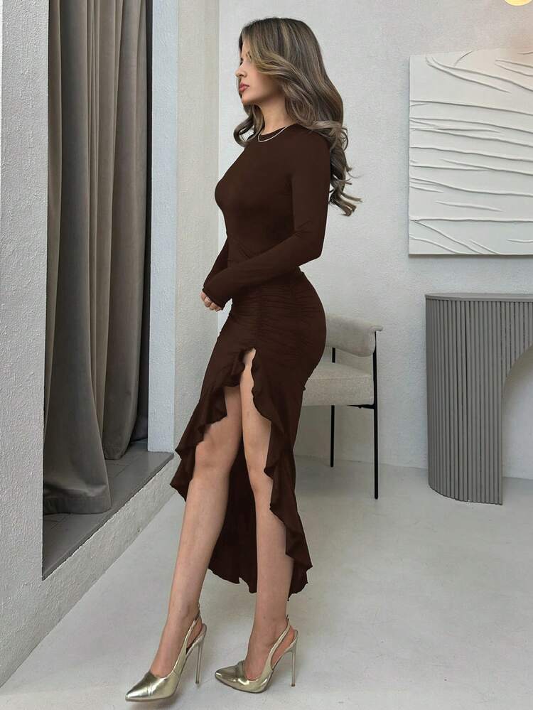 Jemour Vestido largo de manga larga con abertura lateral sexy de unicolor marrón, vestido de otoño primavera - Marrón - Añade 5