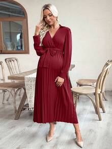 SHEIN Cross V-Neck Long Sleeve Pleated Swing Dress - Burgundy - View 6