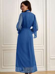 EMERY ROSE Elegant, Sophisticated, And Stylish V-Neck Long Sleeve Dress With Tie Waist And Slit Hem Design For Women - Blue - View 2