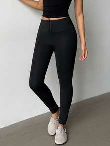 Flirla 女士高腰塑身收腹黑色打底裤，秋冬季 - 黑色 - 查看 1