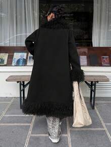 Muchica 1件女士长袖仿毛皮时尚长款外套，黑色 - 黑色 - 查看 2