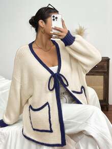 SHEIN Frenchy Plus Size Casual Colorblock Drawstring Cardigan Sweater In Fall/Winter - Apricot - View 5