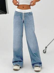 CasuGlow 100%纯棉女式短裙，年轻款低腰阔腿宽松牛仔裤 - 淺色水洗藍 - 查看 4