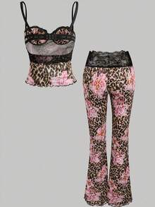 INAWLY Women's Leopard Print Contrast Lace Spaghetti Strap Long Pants, Spring New Arrival - Multicolor - View 2