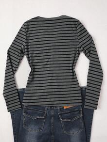 Glimmora 女式休闲纽扣半襟条纹长袖T恤